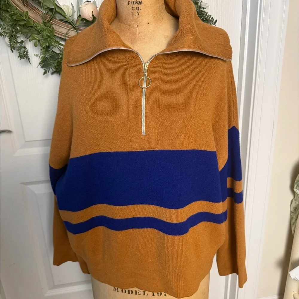 Mango half zip sweater in brown with blue contrast stripes, oversized XS - Picture 3 of 8